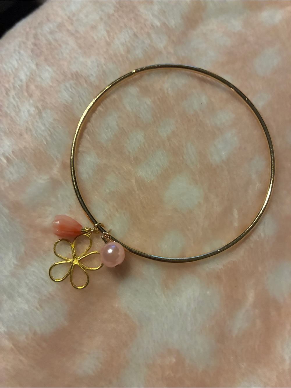 Gold Bangle Bracelet with Pink Pikake And Faux Pearl Charms